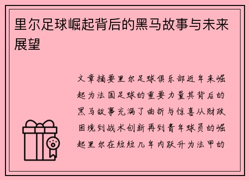 里尔足球崛起背后的黑马故事与未来展望